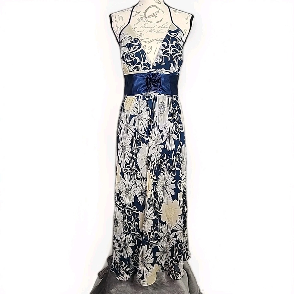 BCBG Babydoll Maxi Dress Womens 12 Blue Floral Silk Halter Neck Fairy Y2K NEW